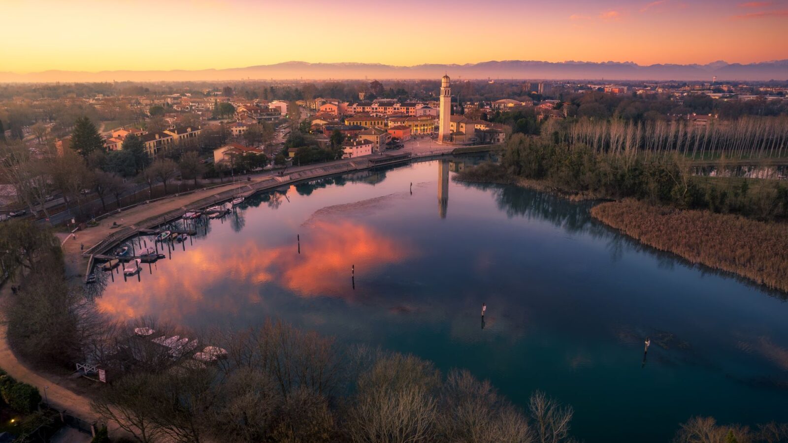 Aerial view of the Sile river at sunset, Casier
