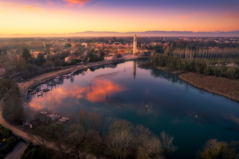 Aerial view of the Sile river at sunset, Casier