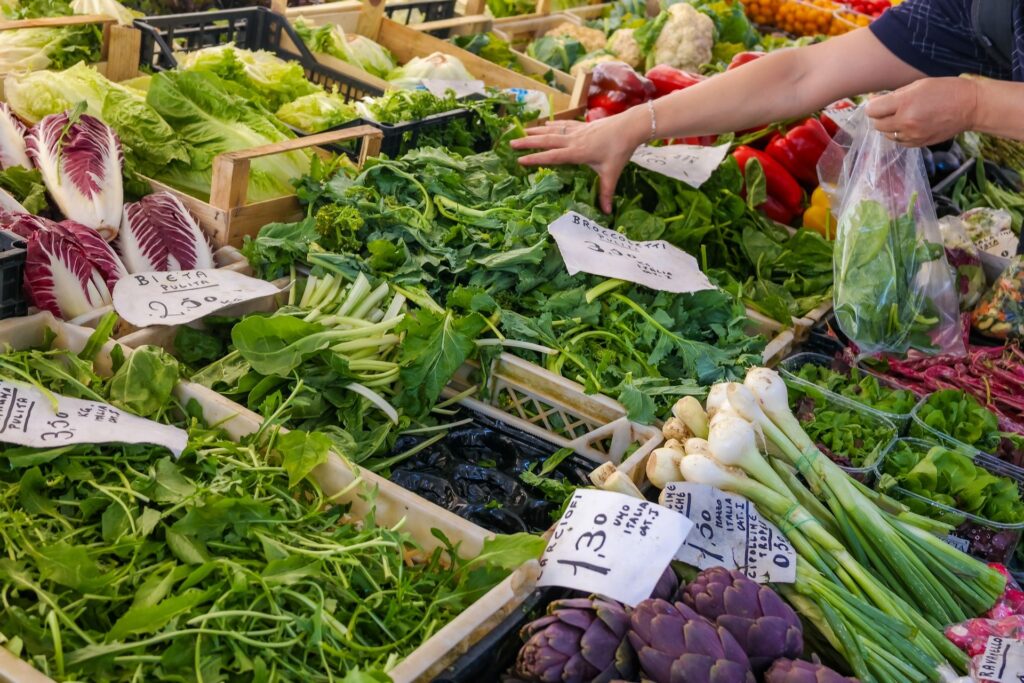 Fresh fruit and vegetable stall at a weekly market