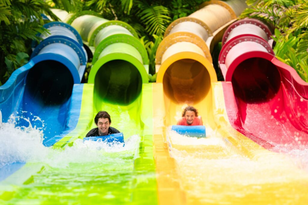 Children on the slides at a water park