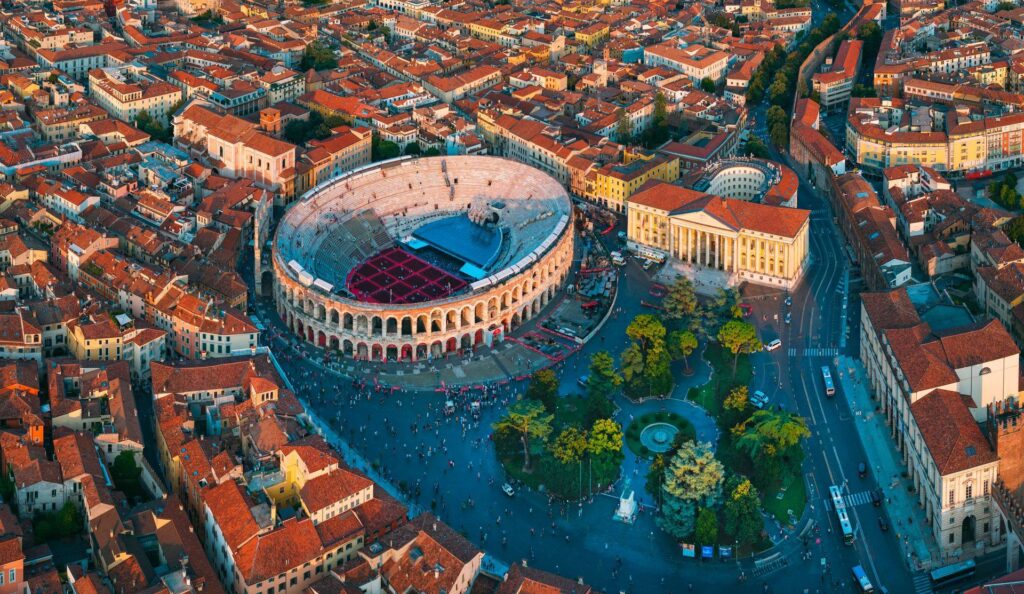 Aerial view of the Verona Arena in Piazza Bra